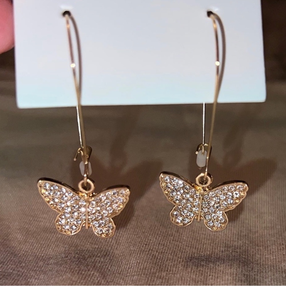 Gold Rhinestone Butterfly Drop Earrings